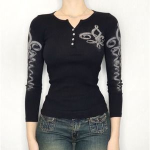 Y2K Vocal Grunge Angel Wings Ribbed Henley Top Black Small Cyber Goth Vintage